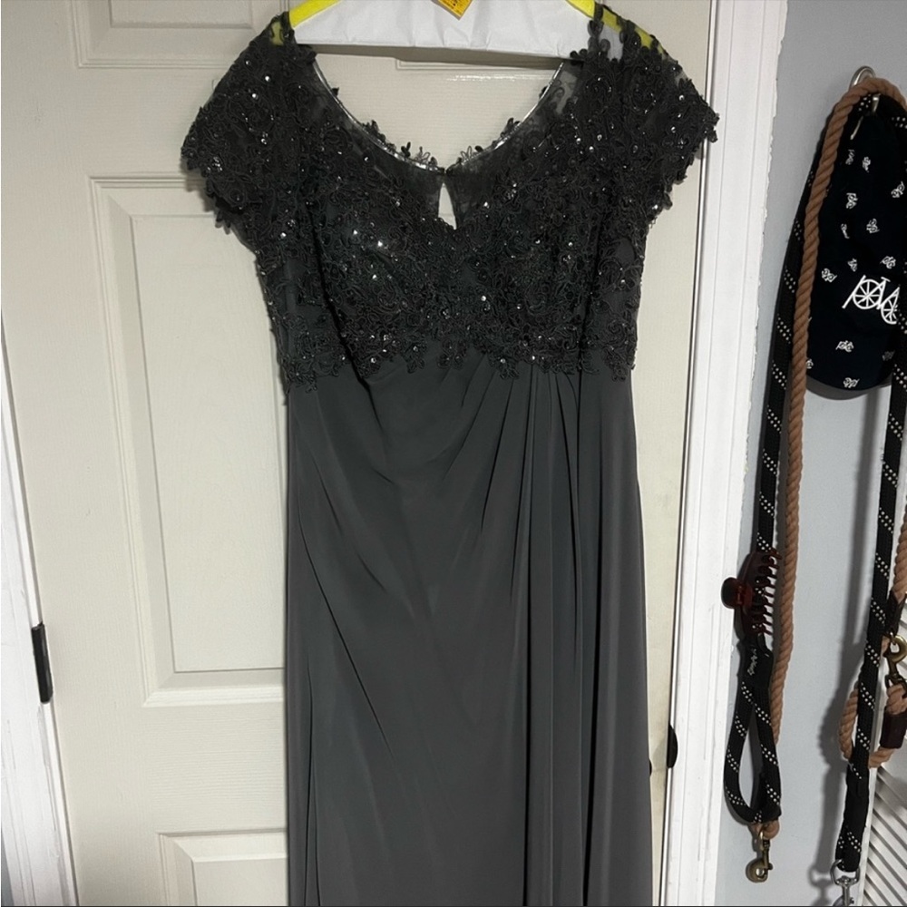 Azazie Dark Gray Charcoal Beaded Lace Cap Sleeve Evening Dress
